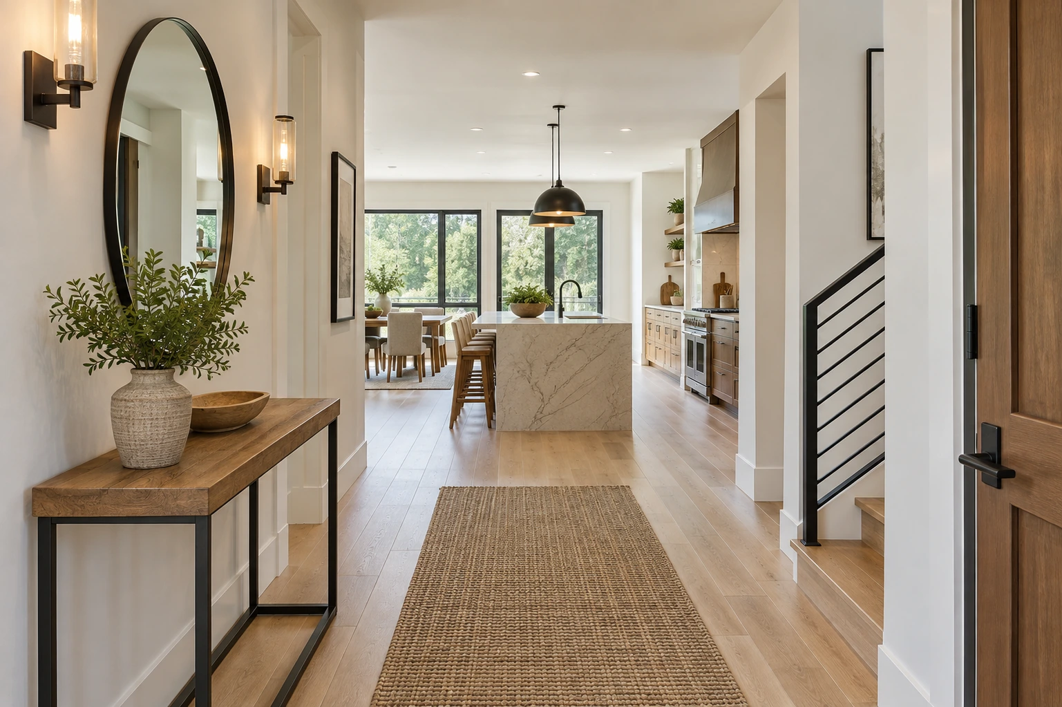 Bright interior corridor leading into a ready-to-film open kitchen, clear walking route and balanced natural light