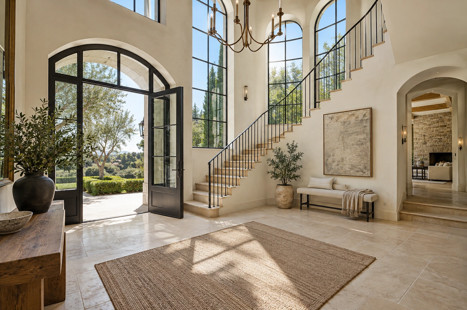 Tall double-height foyer with arched windows and a slender staircase, photographed naturally in a landscape frame
