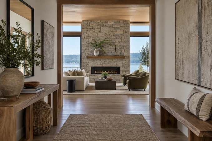 A sharply composed hallway framing a bright living-room feature wall, coherent architecture and no visual effects