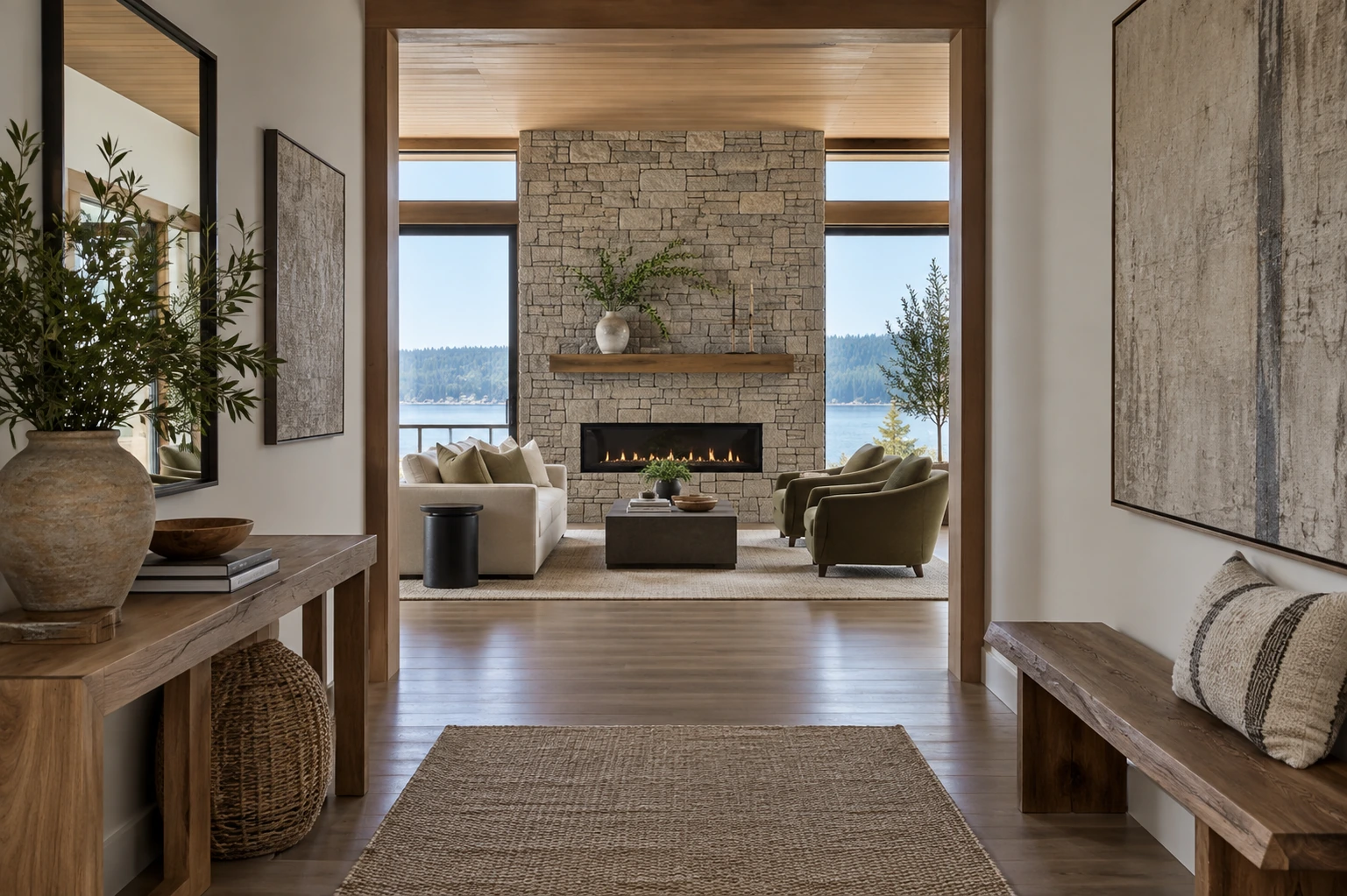 A sharply composed hallway framing a bright living-room feature wall, coherent architecture and no visual effects