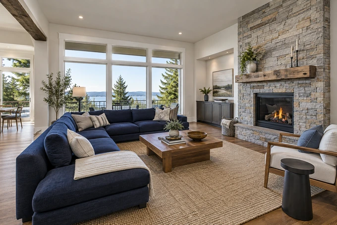 Furnished living room with navy sectional, low wood table and clean room corners, prepared for complete 360-degree capture