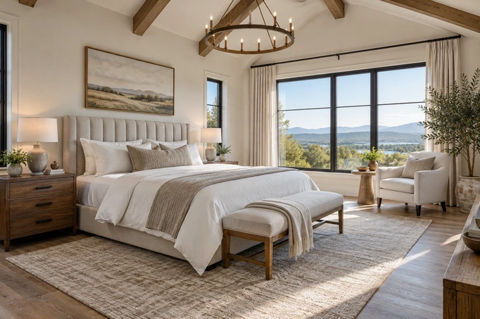 Prepared primary bedroom with upholstered headboard, layered white bedding, two side tables and wide windows