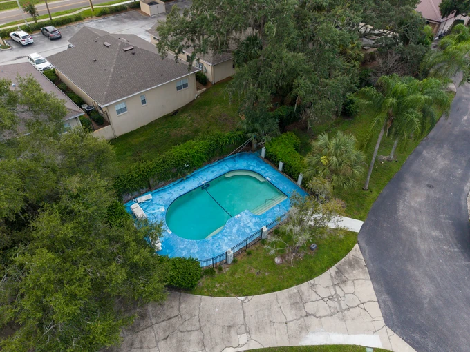 Backyard swimming pool bordered by greenery, viewed from above