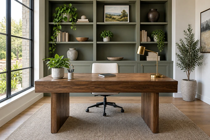 Tidy home office with a closed notebook, clean desk, no visible personal documents, and an orderly shelving wall