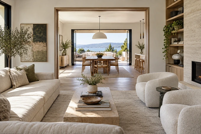 Connected modern living spaces seen through a wide doorway, exterior terrace visible at the far end, clear spatial story