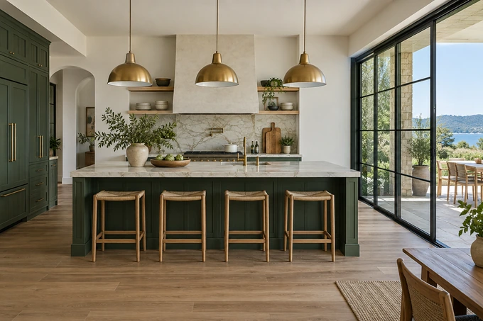 Contemporary kitchen with striking green island, brass pendants and glass doors, strong readable architectural composition