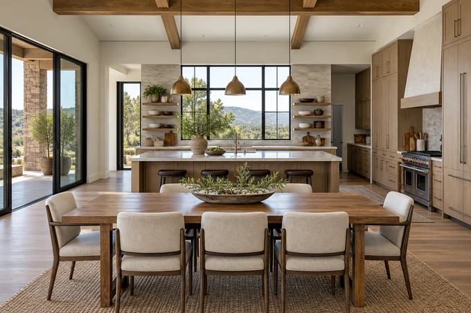 Meticulously prepared kitchen and dining area viewed from a central architectural perspective, balanced daylight and warm pendants