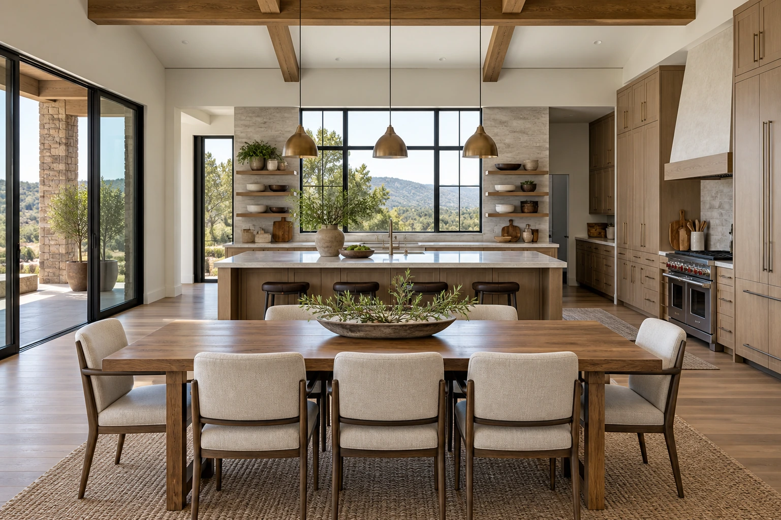 Meticulously prepared kitchen and dining area viewed from a central architectural perspective, balanced daylight and warm pendants