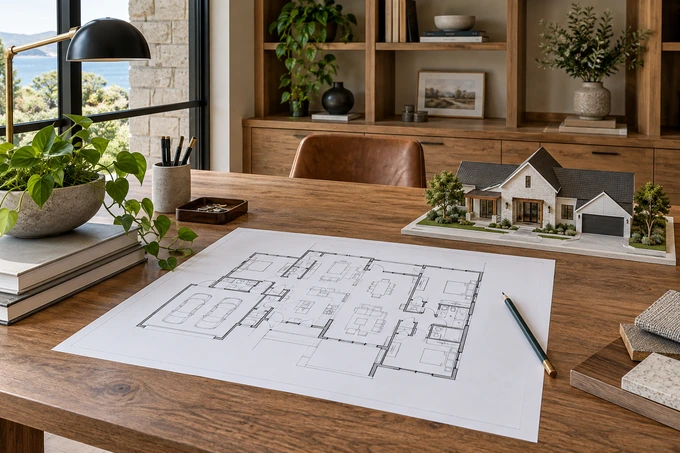 Neat architectural desk with one precise unlabeled house floor-plan drawing, a pencil and a small realistic scale model, fully sharp