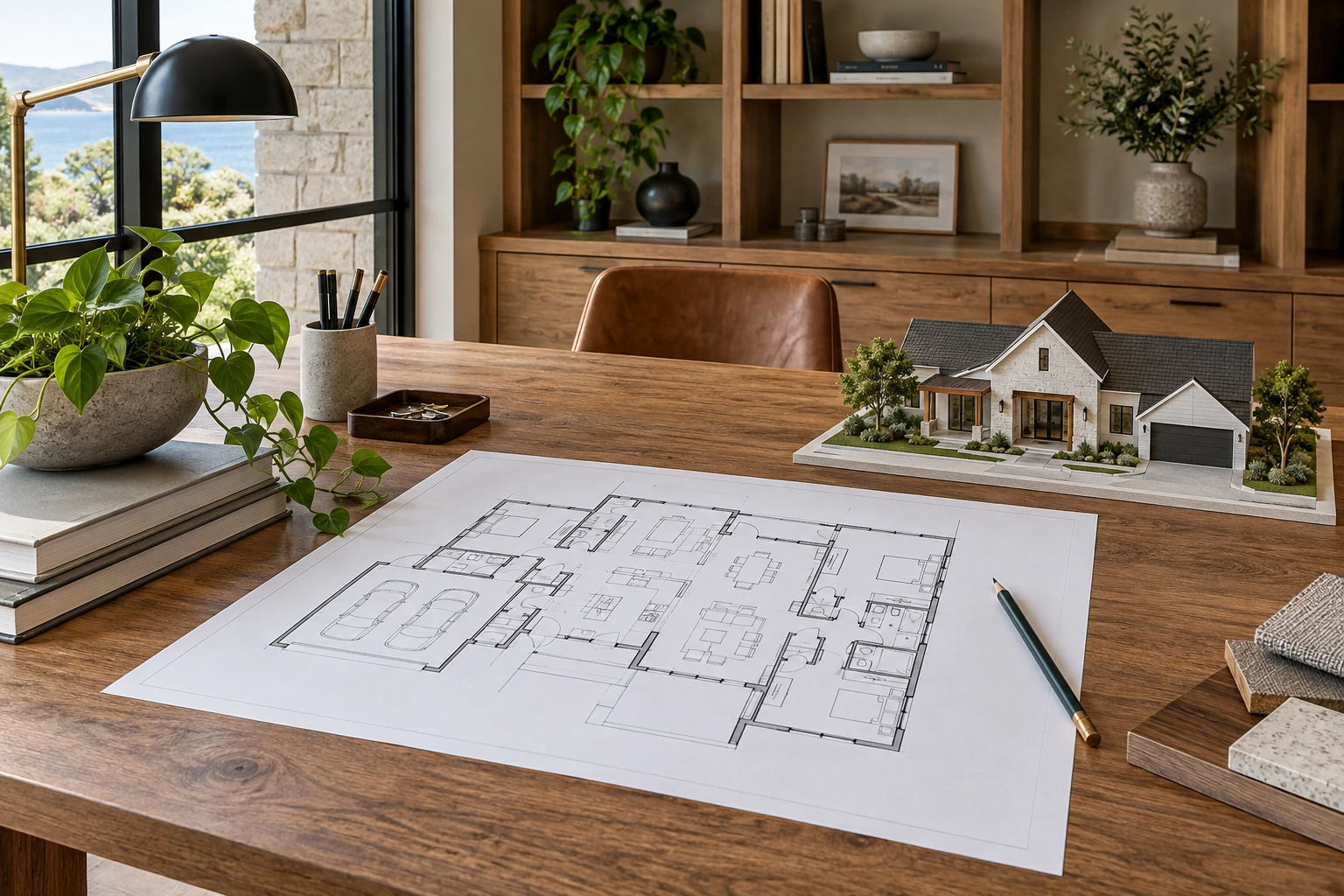 Neat architectural desk with one precise unlabeled house floor-plan drawing, a pencil and a small realistic scale model, fully sharp