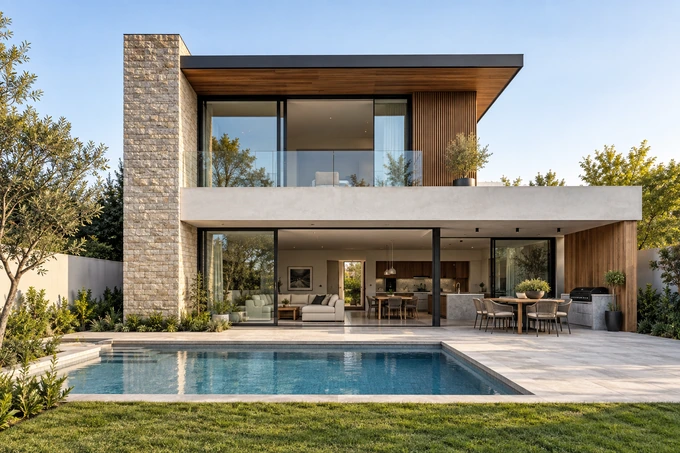 Minimal sophisticated modern home facade with uncluttered sky and clear roofline, no signage or labels