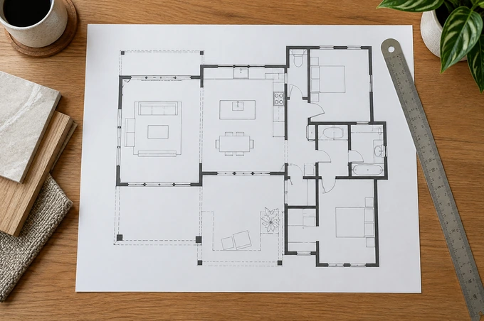 Close overhead photograph of an unlettered clean architectural layout drawing and a metal ruler on a desk, clear simple room outlines, no fake letters
