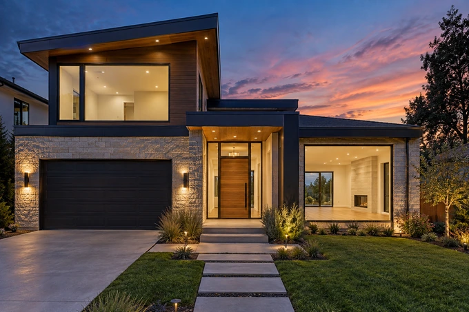 Vacant modern home exterior at dusk with clean empty interiors visible through large windows and simple lit entry
