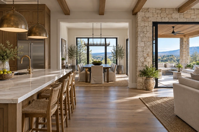 Clear view through three naturally connected rooms from kitchen to dining to covered patio, believable layout and steady geometry