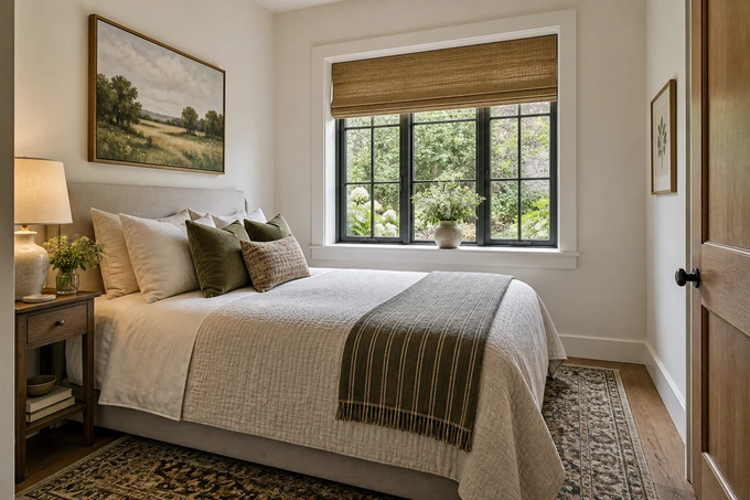Compact tasteful guest bedroom with one queen bed, a narrow nightstand and a garden window, natural realistic small proportions