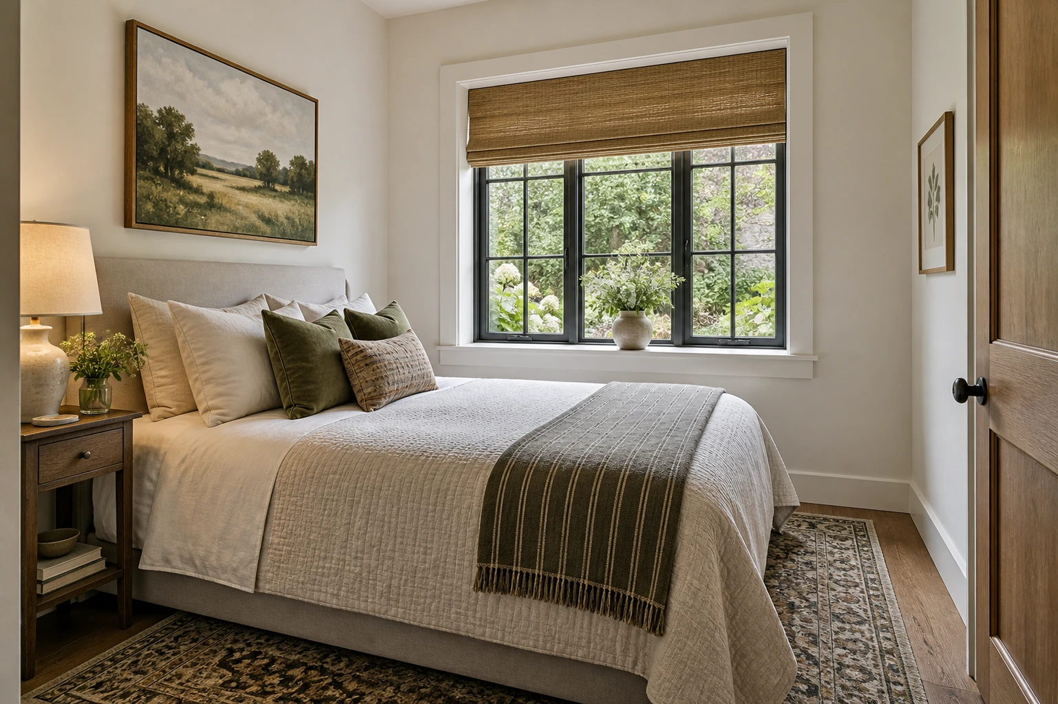 Compact tasteful guest bedroom with one queen bed, a narrow nightstand and a garden window, natural realistic small proportions
