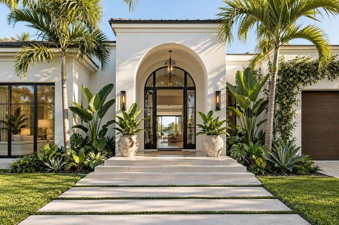 Bright modern home facade with a distinctive arched entry and tropical plants, a strong immediately recognizable opening view