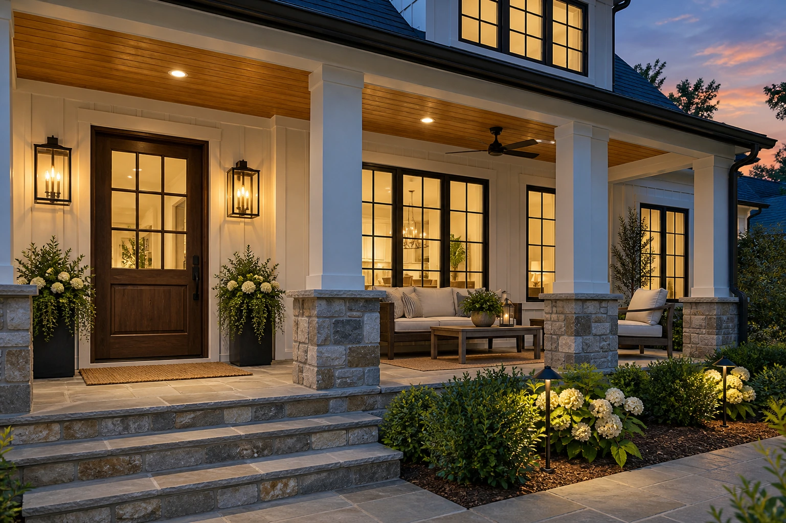 Close architectural evening view of a clean illuminated porch and windows, neat planters and no loose maintenance equipment