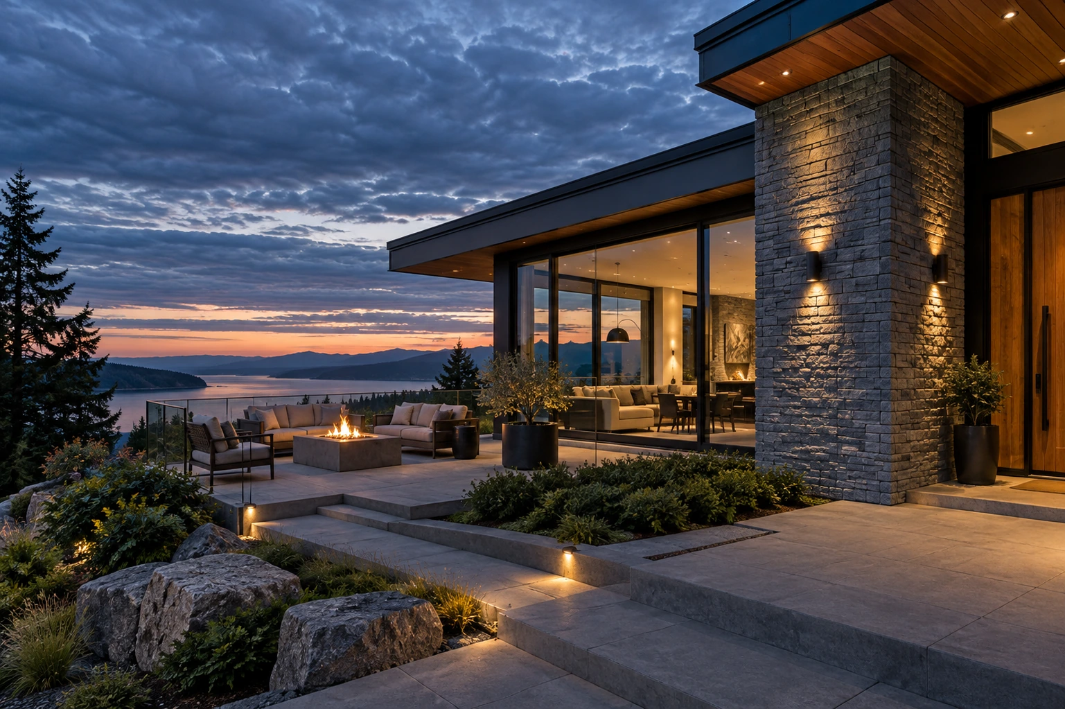 Contemporary home at twilight beneath a layered cloudy evening sky, restrained illumination and crisp architectural details