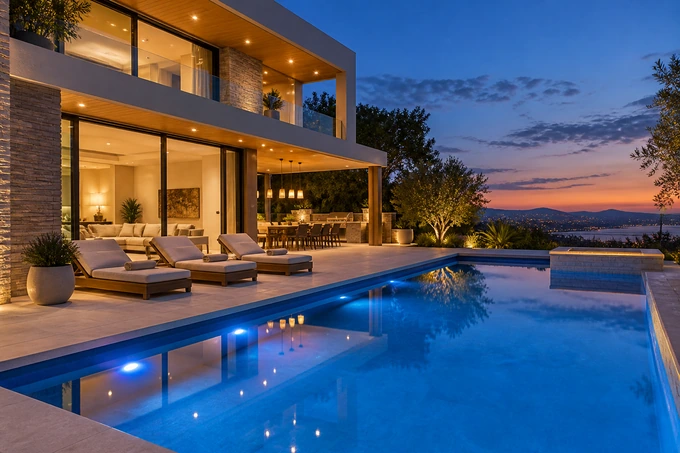 Elegant pool home at dusk, blue pool lights, organized loungers and warm terrace lighting reflected in still water