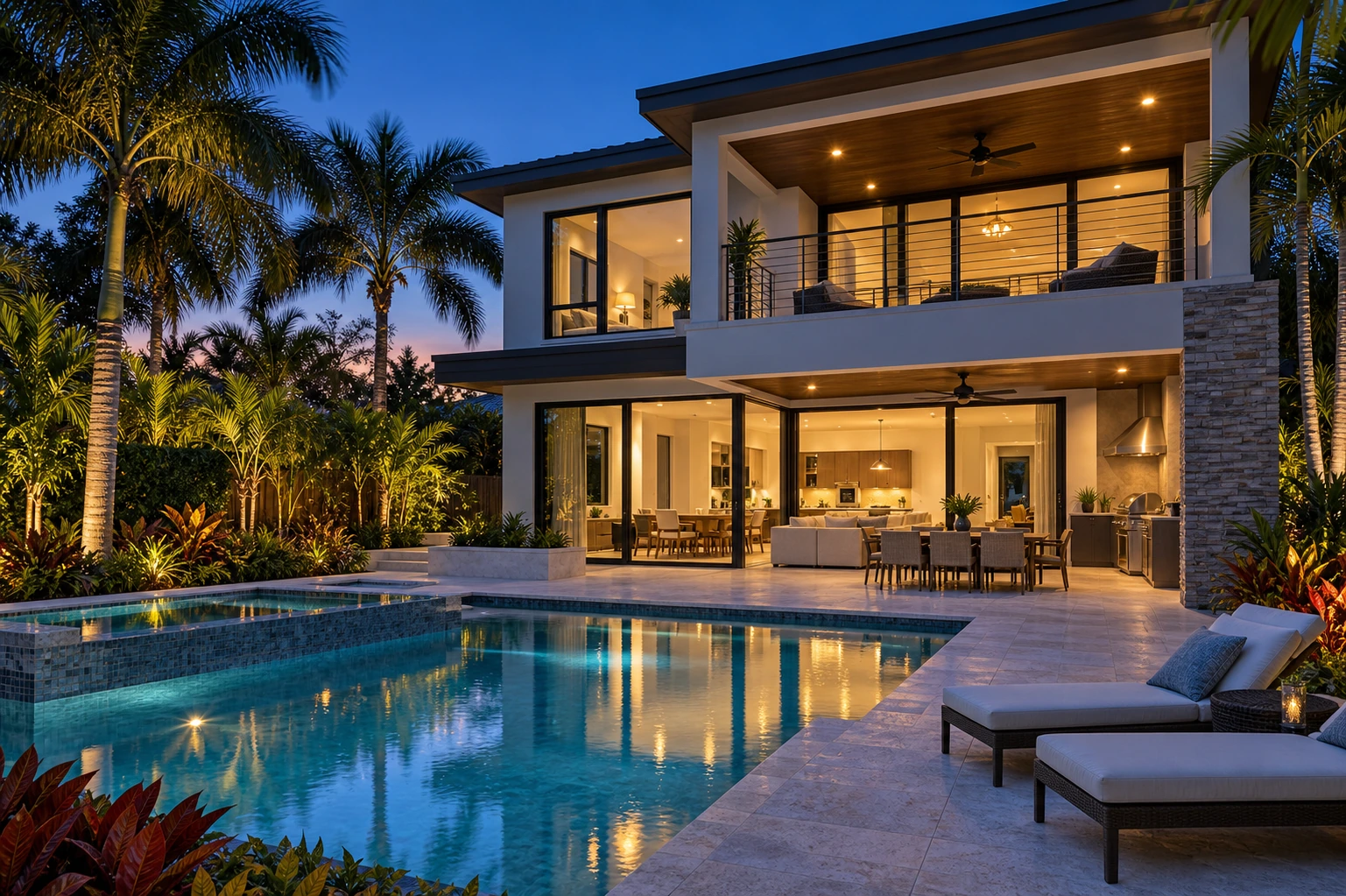 Modern two-story Florida home at blue hour with warm interior windows, tropical garden and calm pool, unmistakably evening