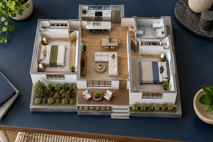 A precise physical open-roof architectural scale model of a two-bedroom home on a dark navy desk, realistic model materials, no interface and no text