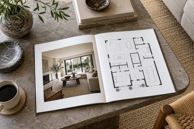 Overhead composition of an open property brochure with a simple unlabeled floor-plan diagram and one small interior photograph, crisp blank margins, no words