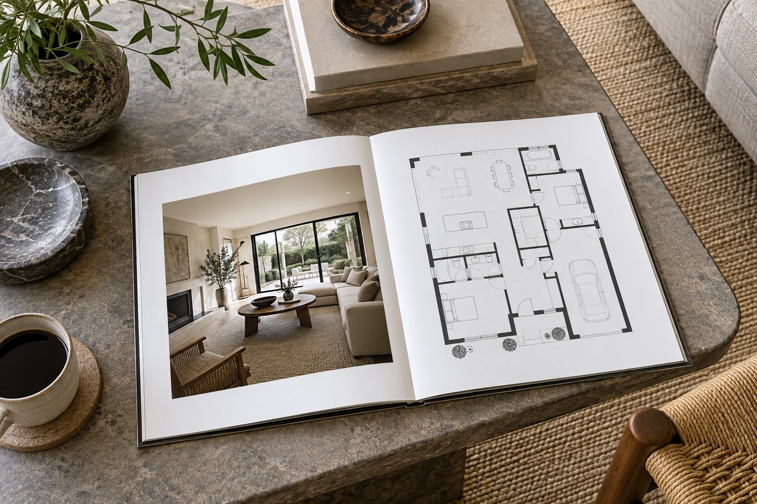 Overhead composition of an open property brochure with a simple unlabeled floor-plan diagram and one small interior photograph, crisp blank margins, no words