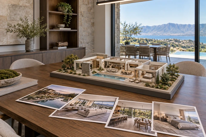 Refined real estate presentation setting with a beautiful open-roof physical scale model and unlettered property photo prints on a table