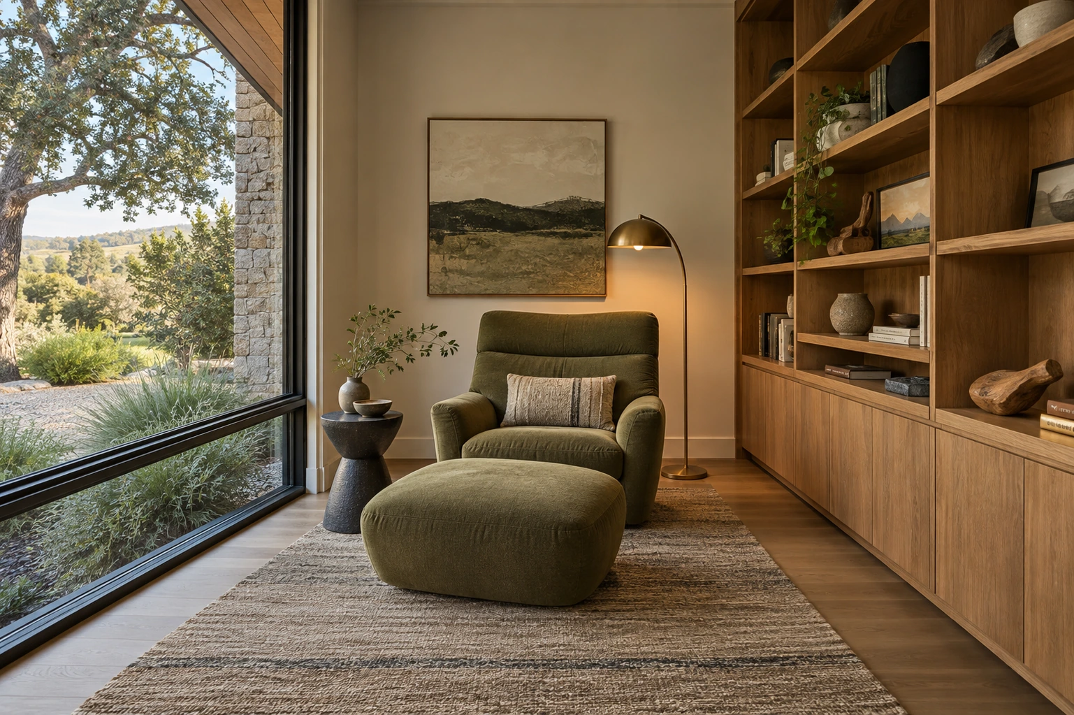 Photorealistic illustrative design concept for a quiet modern reading nook, olive upholstery, sculptural wood shelving and warm brass lamp