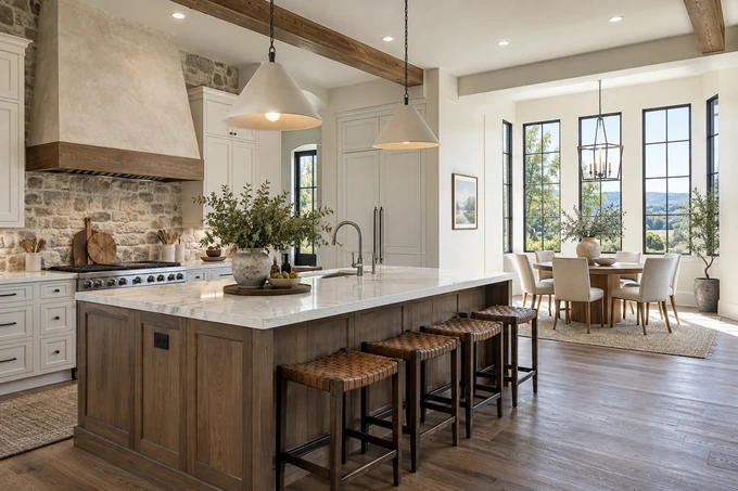 Architectural view of a kitchen island connecting to a bright breakfast nook, clear factual-looking property composition