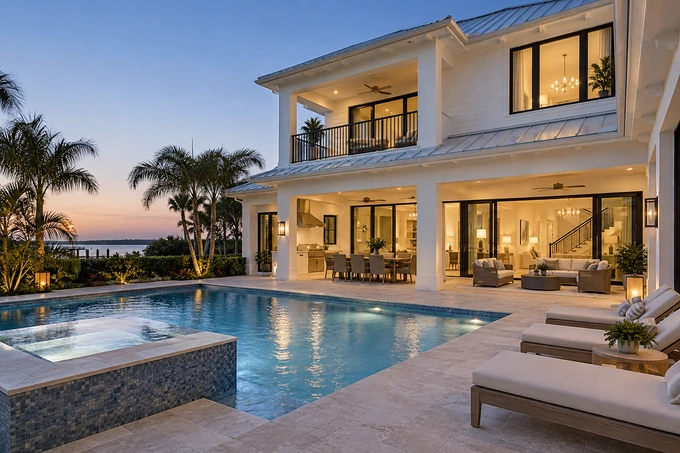 Wide pool terrace and white Florida home at the very end of daylight, pale blue sky and warm exterior lights, clearly twilight