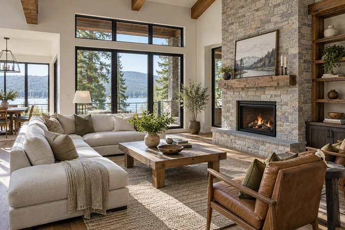 Architectural interior of a bright living room showing realistic proportions, windows and connections, no exaggerated wide-angle distortion