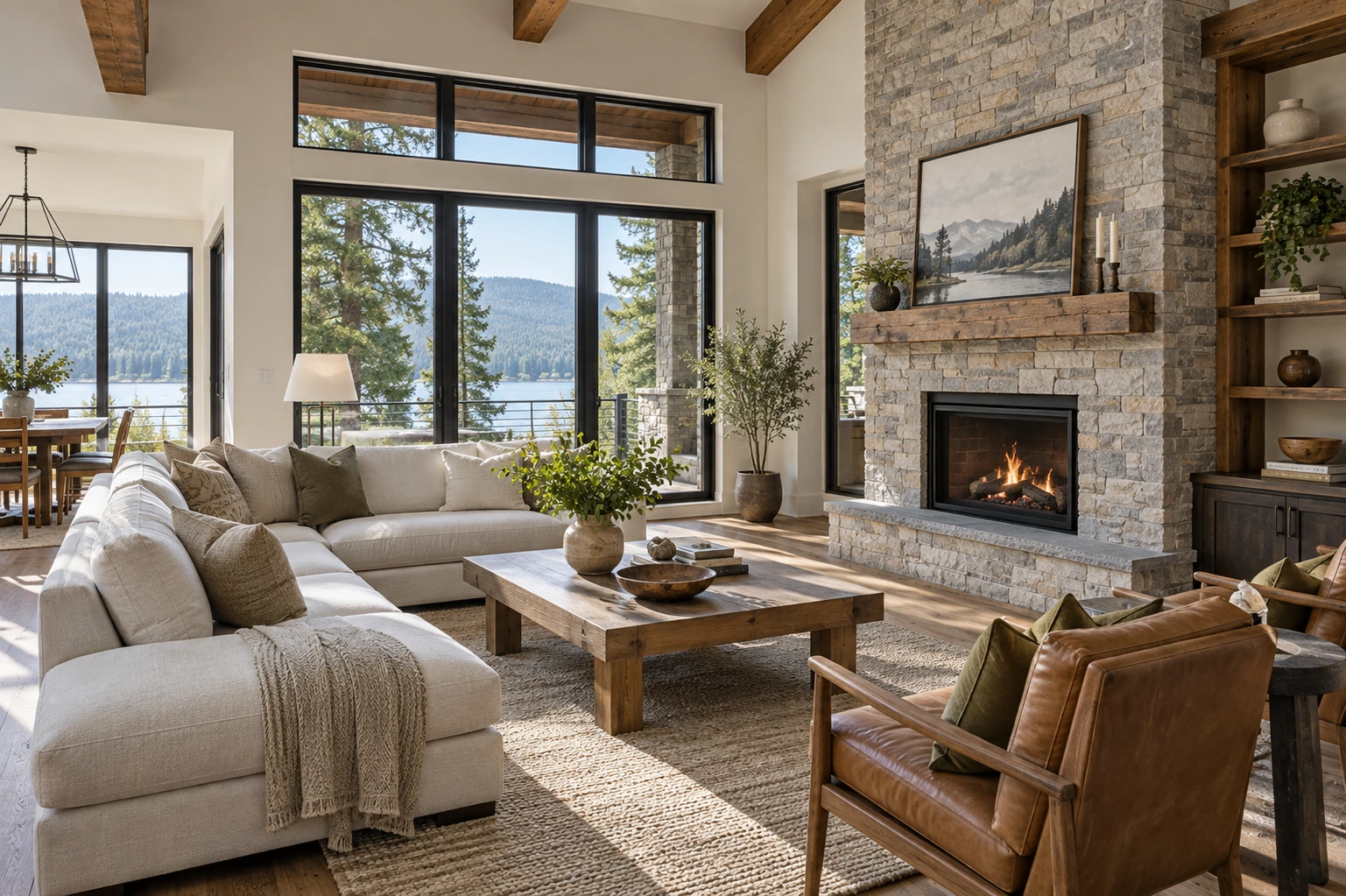 Architectural interior of a bright living room showing realistic proportions, windows and connections, no exaggerated wide-angle distortion