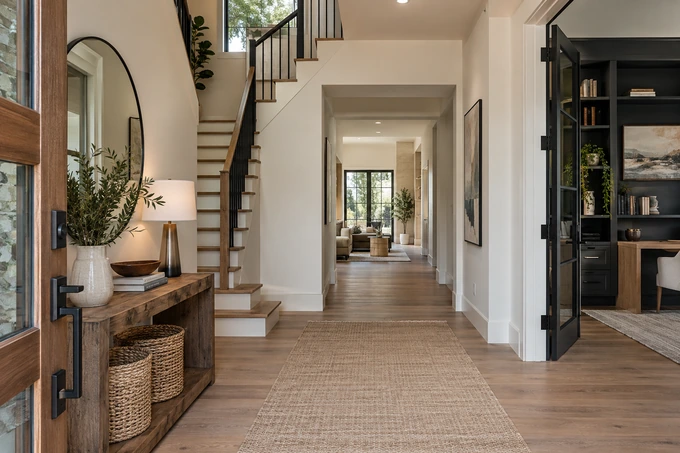 Entry foyer of a contemporary home with a clearly visible hallway leading toward several well-lit rooms