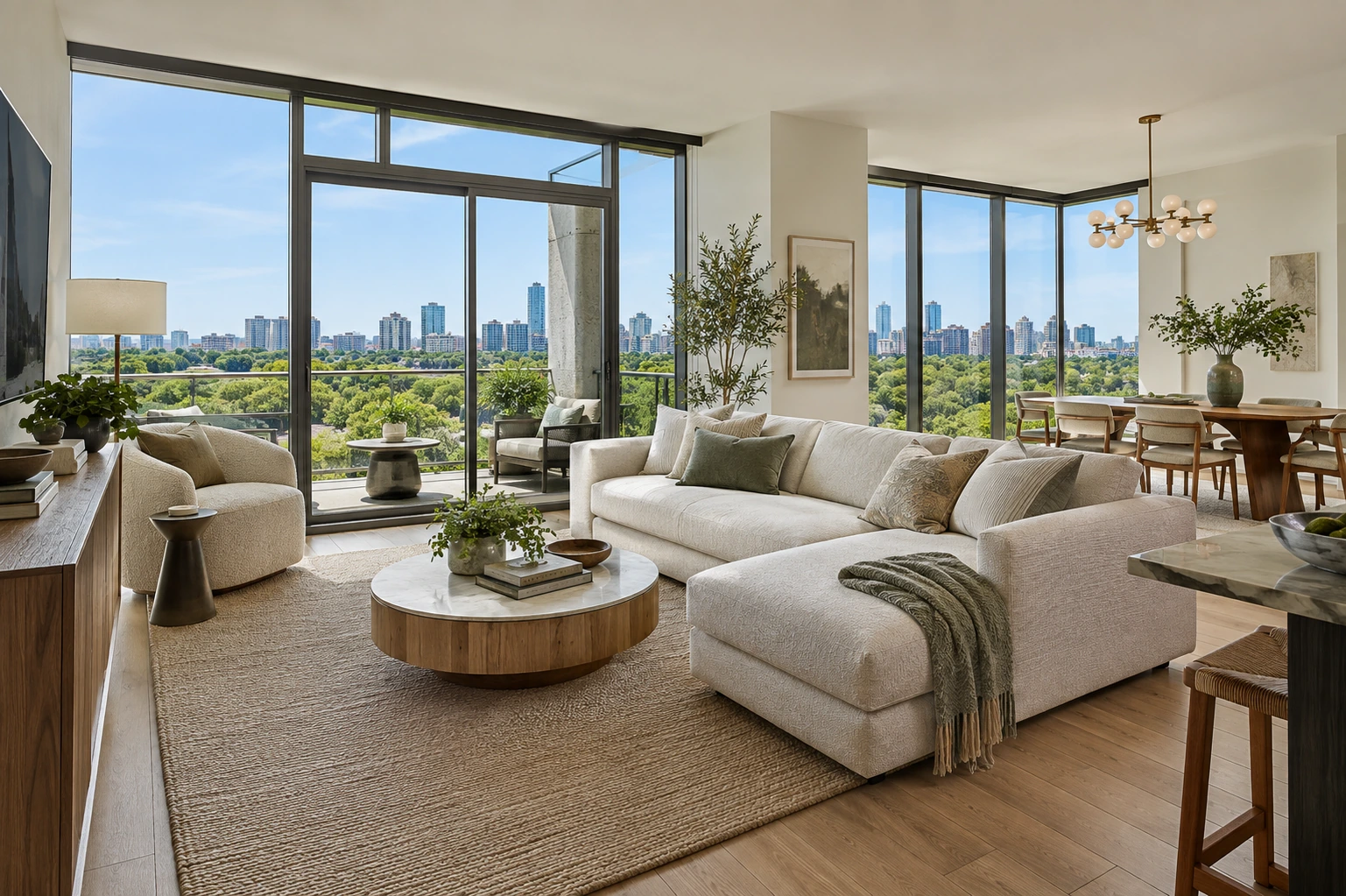 Light-filled condominium living room with city-and-treetop outlook, pale sofa and coherent adjoining dining space