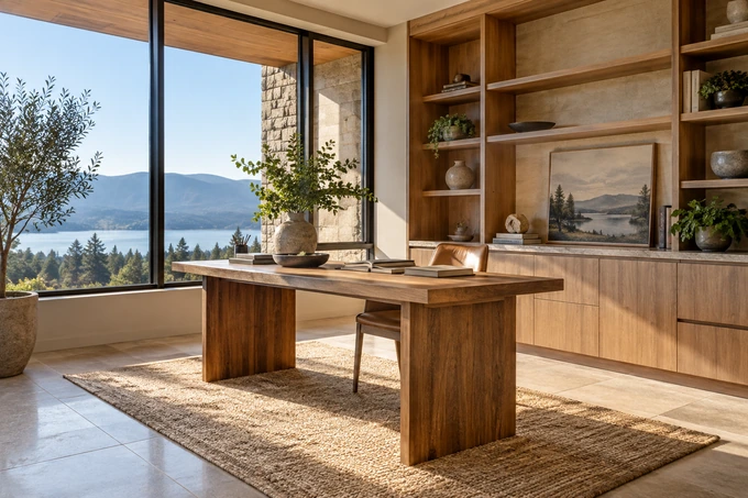 Architecturally coherent close-wide view of window edges, wood cabinetry and tiled floor meeting in a sunlit room, perfectly sharp