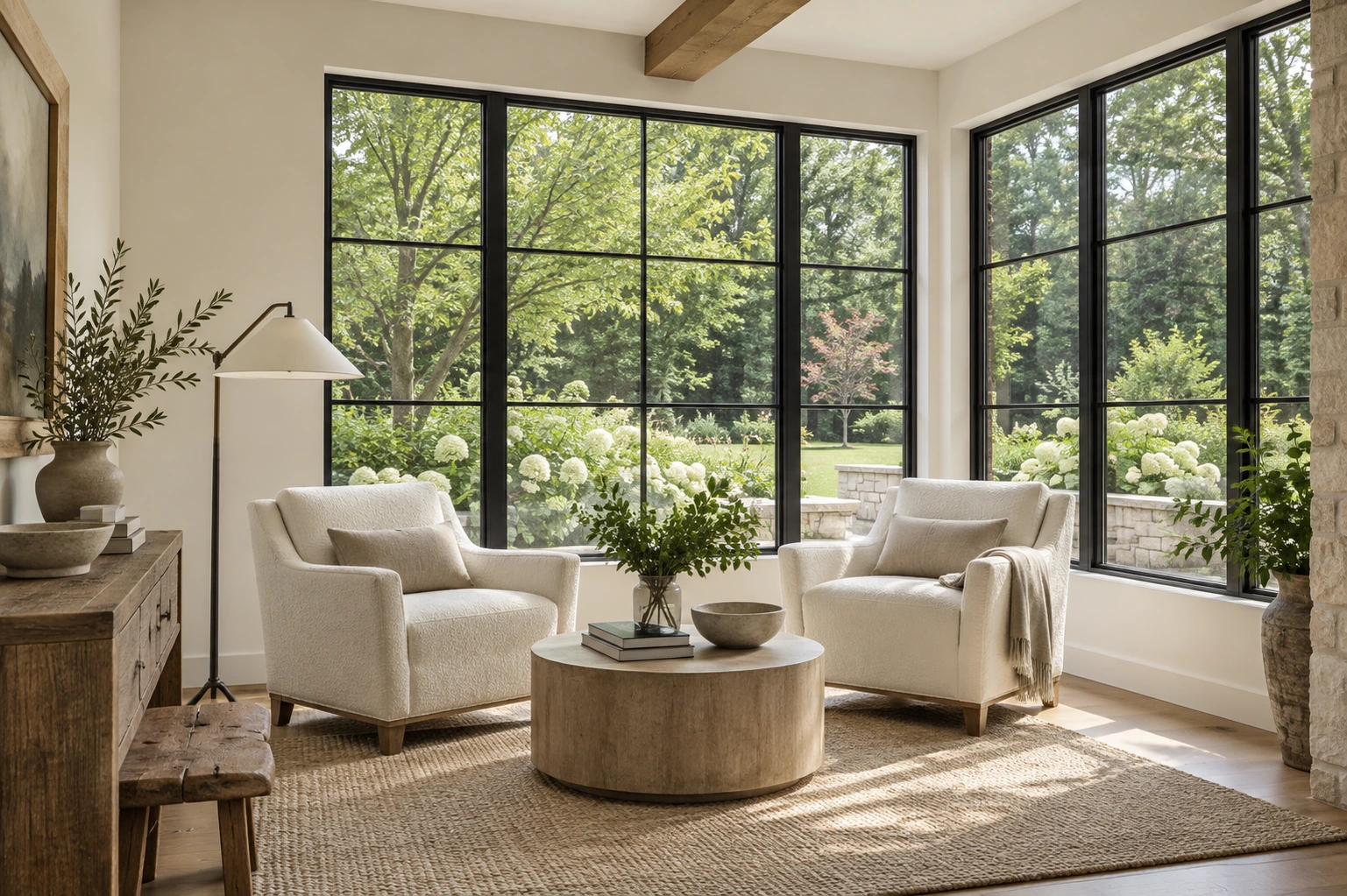 Bright corner sitting room with black-framed windows looking onto a real-looking leafy garden and a pair of cream armchairs