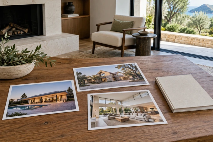 Architectural tabletop composition of three different crisp property photo prints and a closed blank notebook, no text or screens