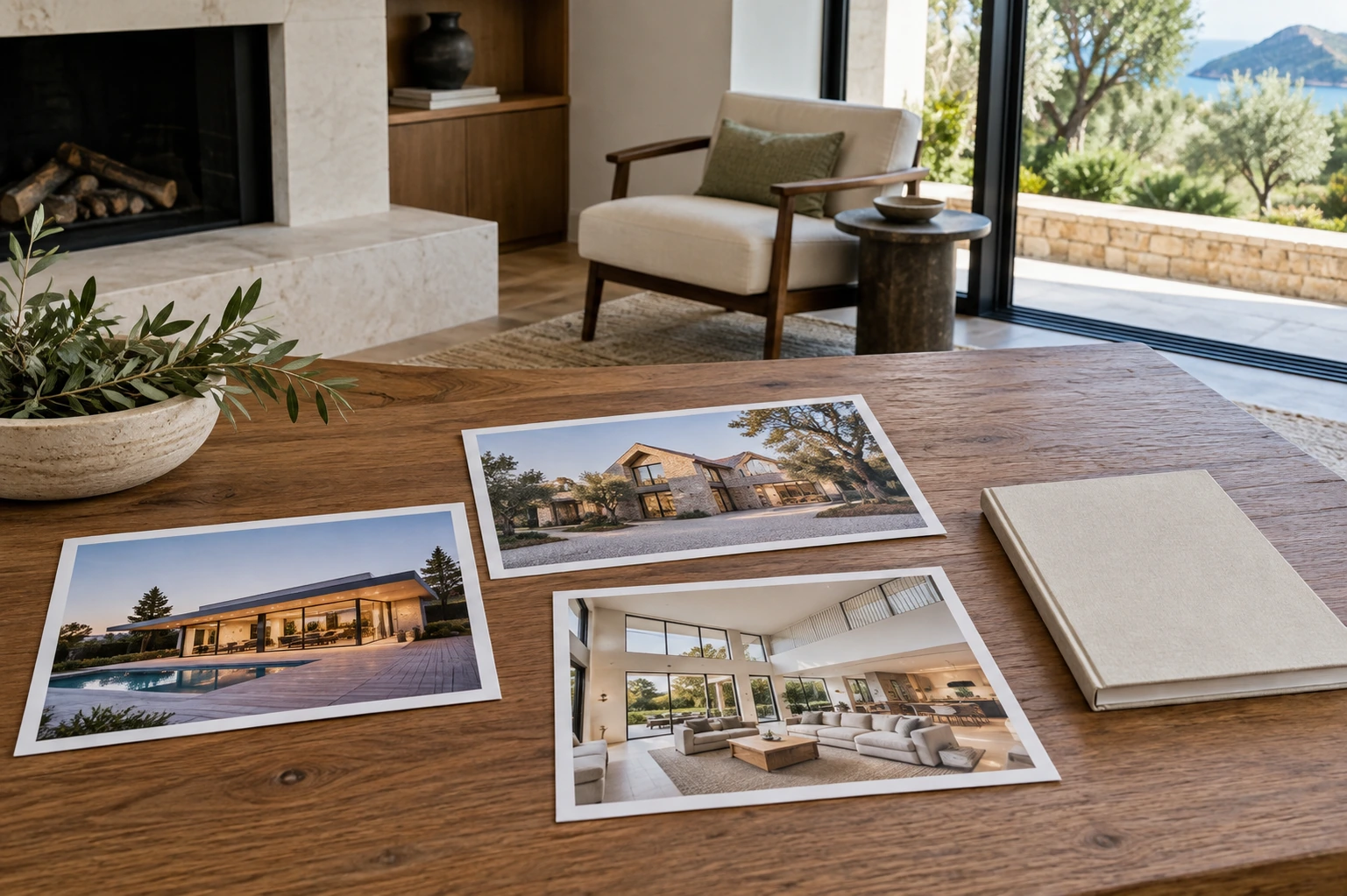 Architectural tabletop composition of three different crisp property photo prints and a closed blank notebook, no text or screens