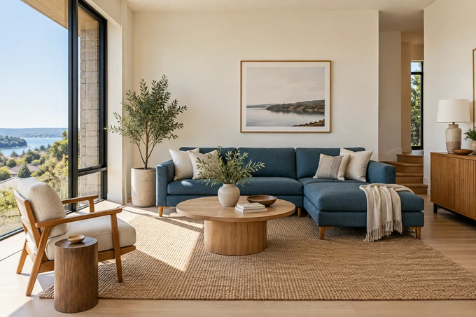 Minimal living room with a clear uncluttered cream wall, blue sofa and large window, architectural editorial composition with breathing room