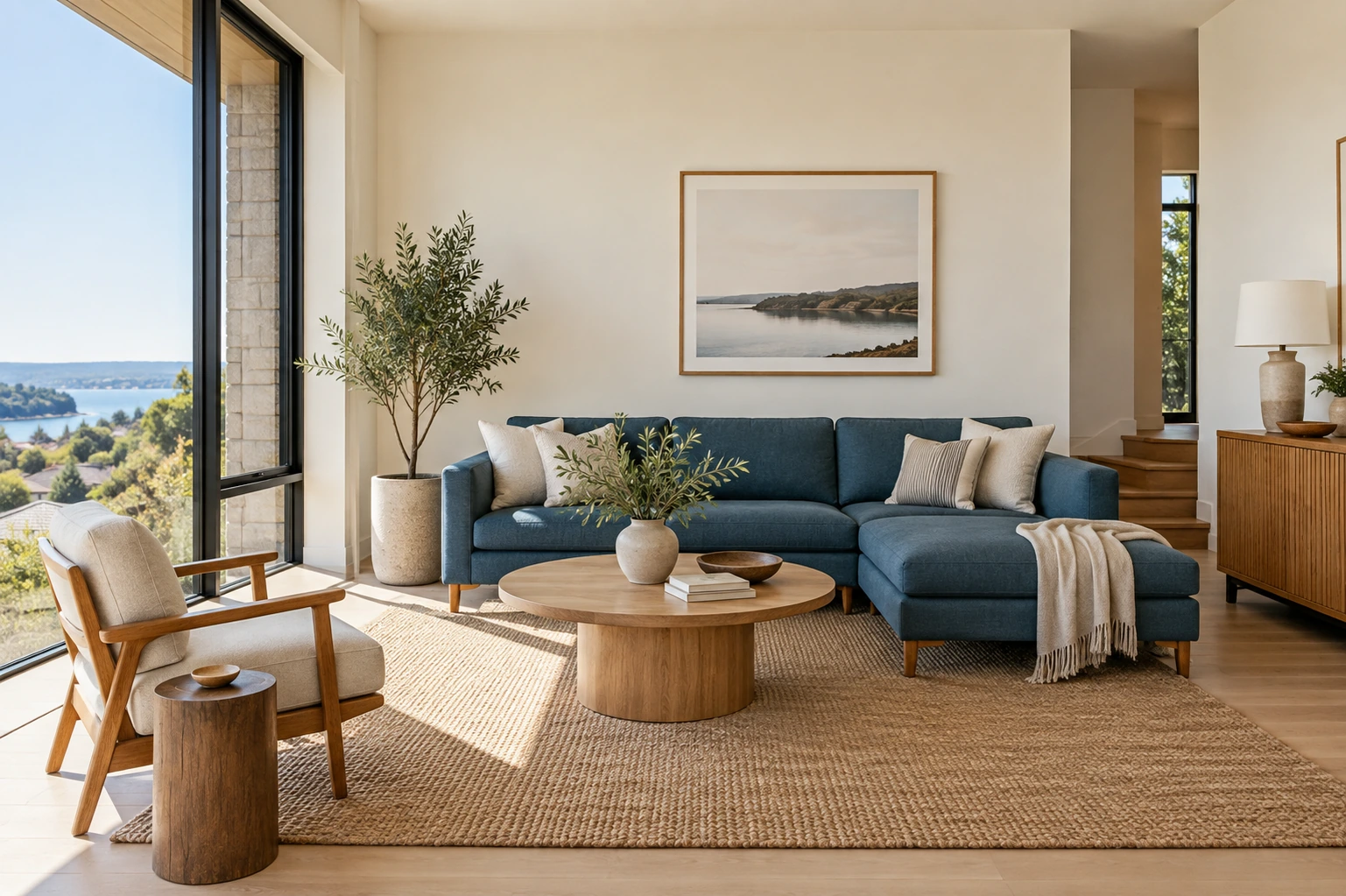 Minimal living room with a clear uncluttered cream wall, blue sofa and large window, architectural editorial composition with breathing room
