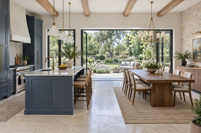 Elegant open kitchen and dining room with blue cabinetry, pale stone counters, walnut table and broad garden doors