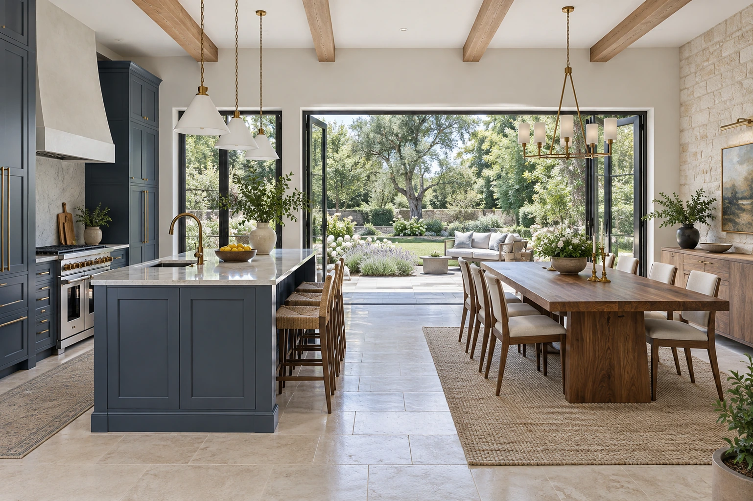 Elegant open kitchen and dining room with blue cabinetry, pale stone counters, walnut table and broad garden doors