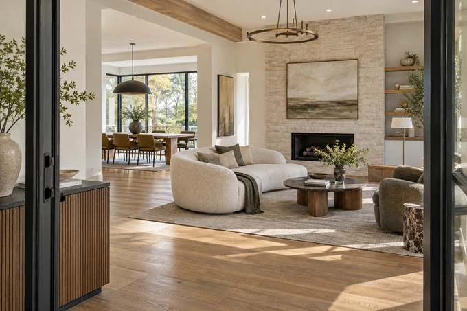 Contemporary living room photographed from a doorway showing two clearly connected spaces, curved sofa and dining beyond