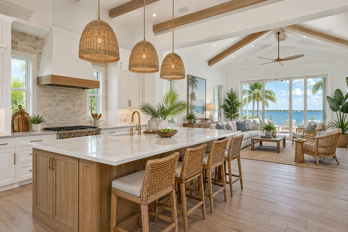 Bright coastal kitchen connecting naturally to a living room with rattan chairs and simple tropical plants