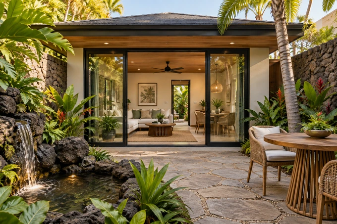 Separate guest sitting suite in a tropical courtyard, glass entrance and a small dining nook clearly visible