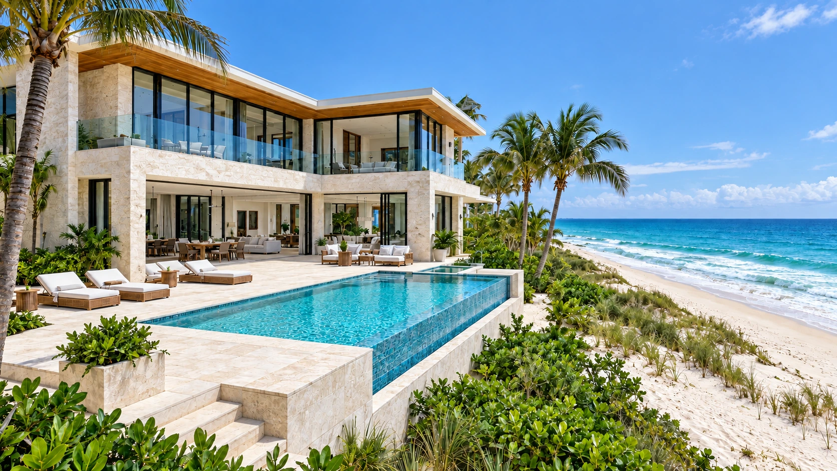 Luxury oceanfront home with an infinity pool in daylight