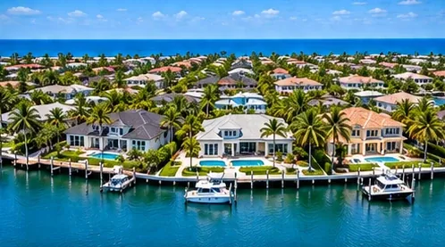 Aerial view of waterfront homes, canals and private docks