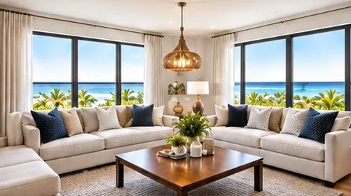 Bright living room with large windows, pale sofas and a wooden coffee table